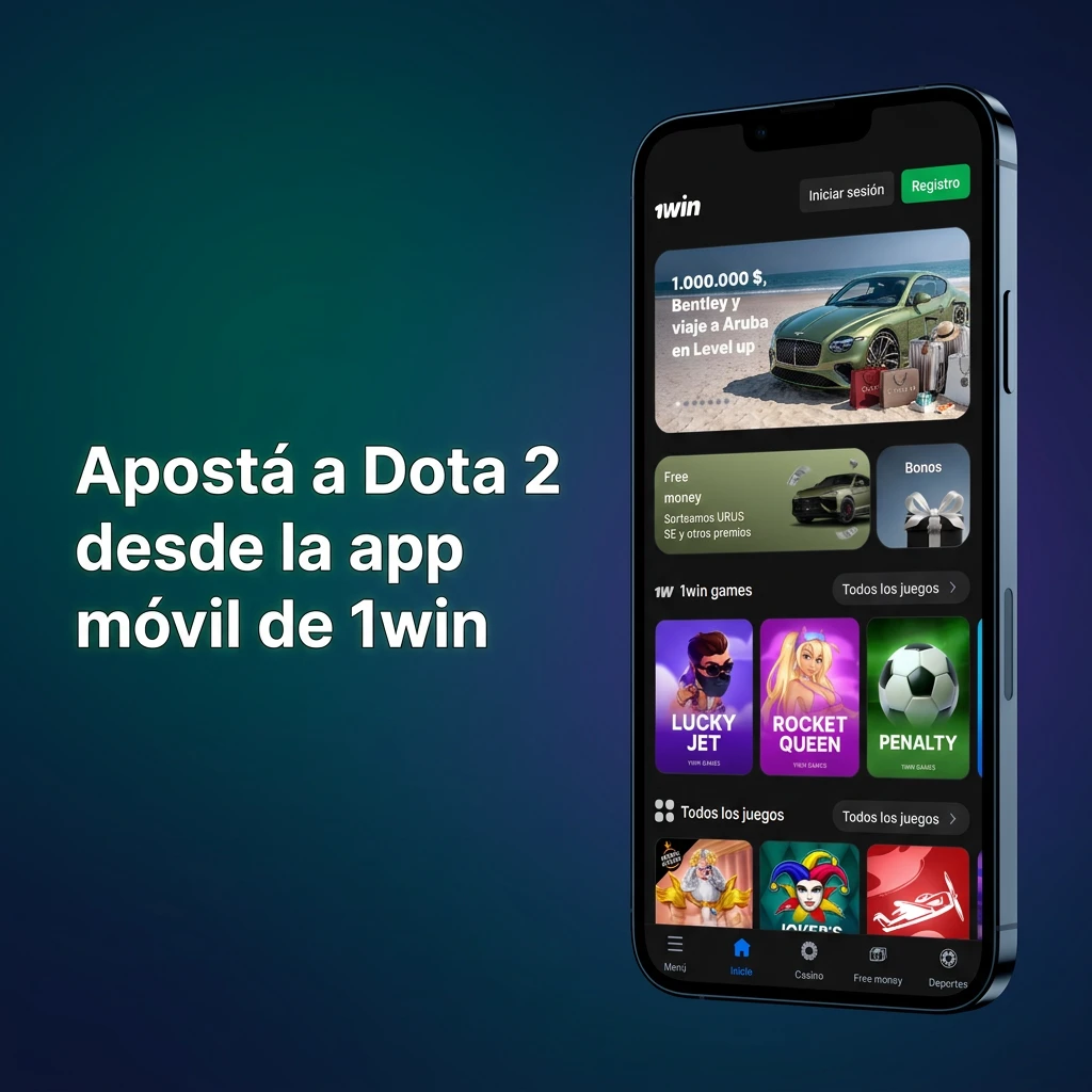 Pantalla de celular con la app de 1win abierta en mercados de apuestas de Dota 2 para usuarios de Argentina