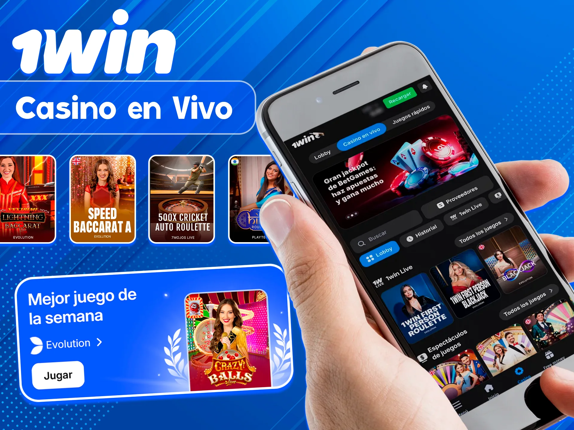 Juega casino en vivo móvil en sitio 1win.
