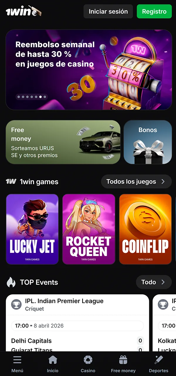 Navega el inicio en el sitio 1win.